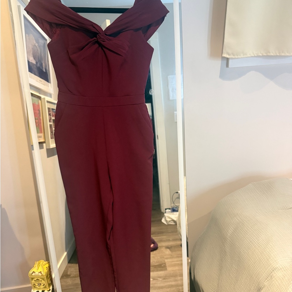 Burgundy Off-Shoulder Twist Jumpsuit
